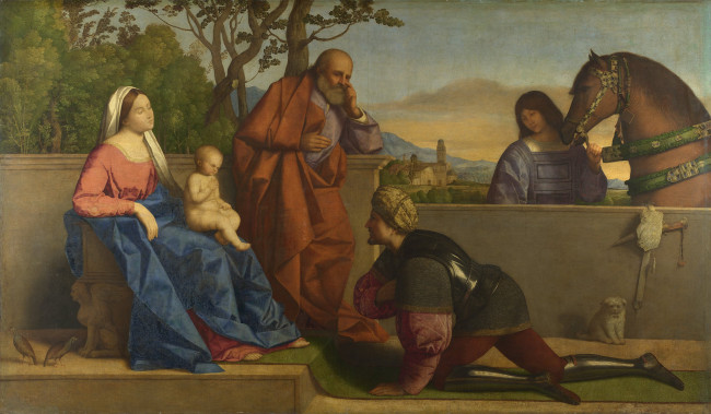Обои картинки фото vincenzo, catena, warrior, adoring, the, infant, christ, and, virgin, рисованные