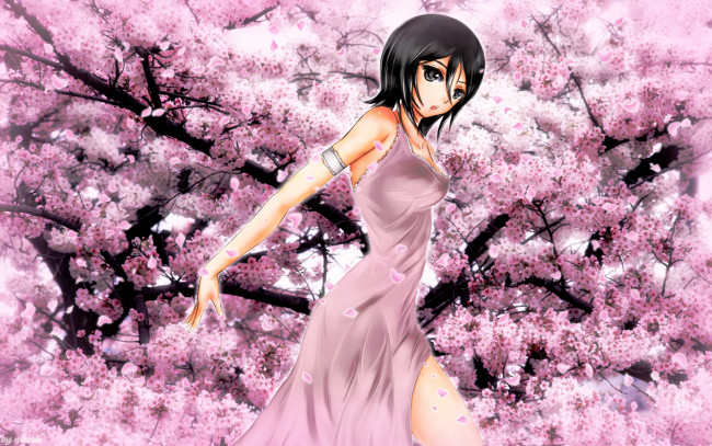 Обои картинки фото аниме, bleach, розовый, цвет, цветение, сакура, rukia, kuchiki