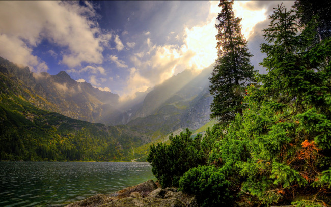 Обои картинки фото природа, реки, озера, ель, небо, горы, вода
