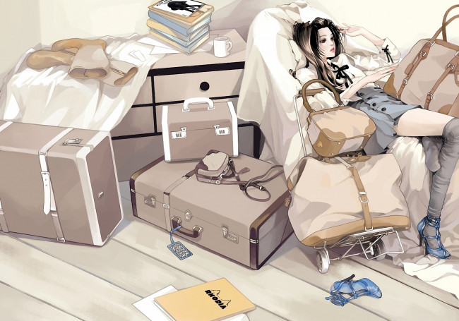 Обои картинки фото аниме, *unknown, другое, кружка, девушка, daisy, туфли, сидит, сумки, чемоданы, книги, сапоги, багаж, чулки
