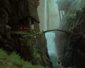Картинка фэнтези пейзажи мост скалы статуя храм горы водопад