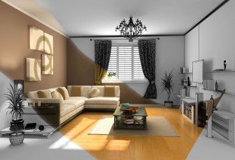 Картинка 3д+графика realism+ реализм фон простор квартира телевизор цветы уют комната стол подушки диван интерьер