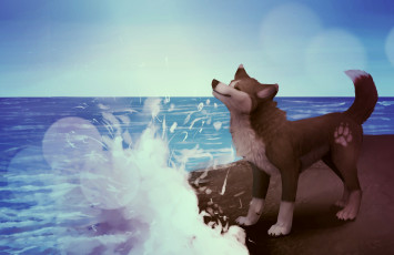 Картинка рисованные животные +сказочные +мифические брызги море собака