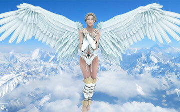Картинка 3д+графика angel+ ангел перья небо облака крылья девушка