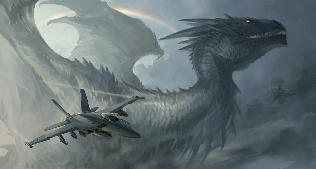 Обои картинки фото фэнтези, драконы, радуга, самолеты, истребители, дракон, монстр