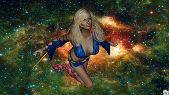 Обои картинки фото 3д графика, fantasy , фантазия, девушка, супермен, полет, космос