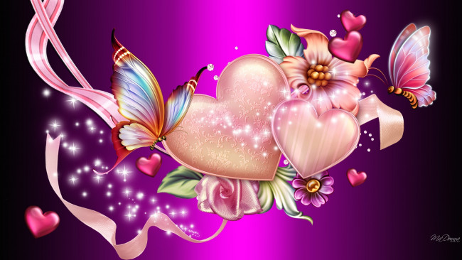Обои картинки фото праздничные, день св,  валентина,  сердечки,  любовь, цветы, сердечки, бабочки