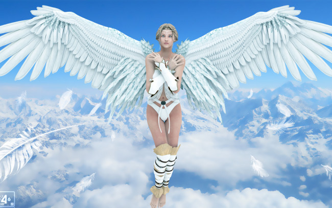 Обои картинки фото 3д графика, angel , ангел, перья, небо, облака, крылья, девушка