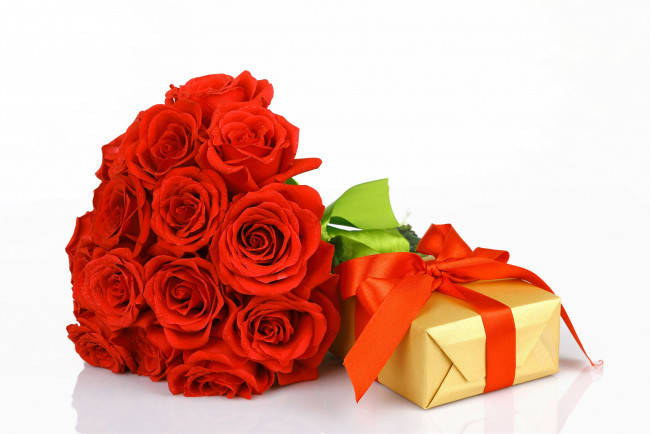 Обои картинки фото цветы, розы, лента, подарок, бутоны, букет