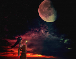 Картинка 3д+графика фантазия+ fantasy девушка взгляд фон луна