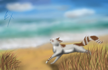 Картинка рисованное животные +коты кот поле небо