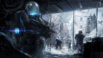 Картинка фэнтези роботы +киборги +механизмы оружие солдат запустение постапокалипсис зима