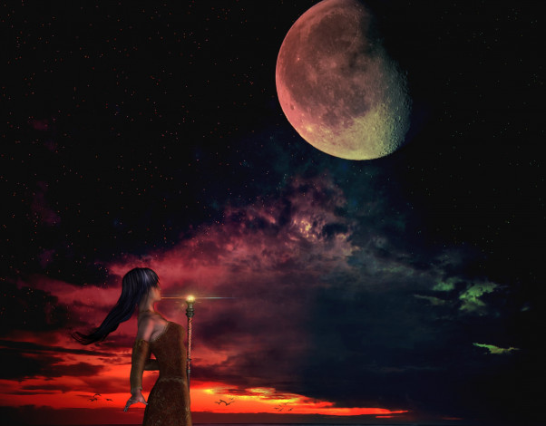Обои картинки фото 3д графика, фантазия , fantasy, девушка, взгляд, фон, луна