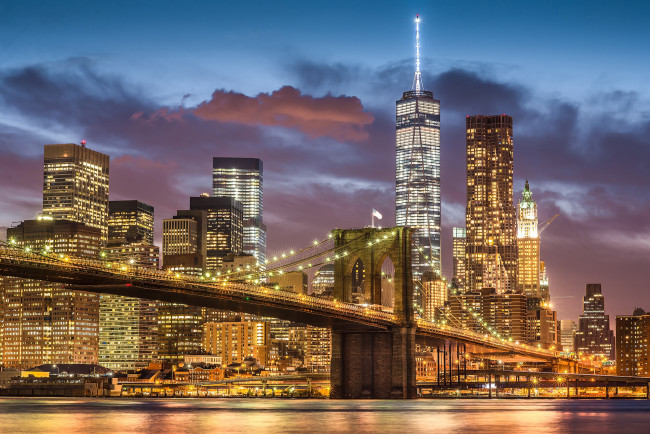 Обои картинки фото города, нью-йорк , сша, бруклинский, мост, манхэттен, нью-йорк, город, огни
