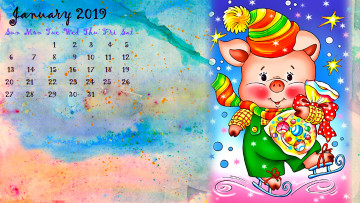 обоя календари, праздники,  салюты, шапка, свинья, конфеты, поросенок, коньки