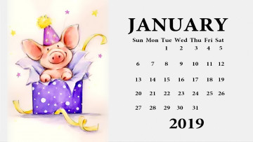 Картинка календари праздники +салюты свинья коробка поросенок колпак