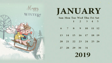 Картинка календари праздники +салюты зима свинья санки заяц поросенок