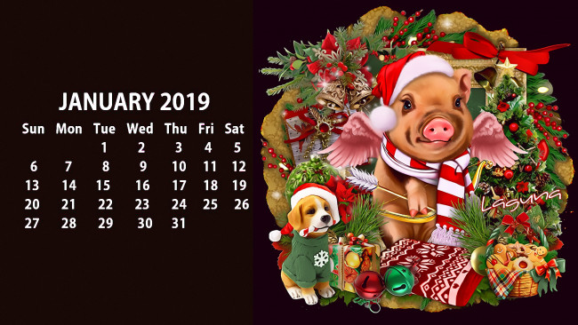 Обои картинки фото календари, праздники,  салюты, свинья, крылья, колокольчик, поросенок, собака