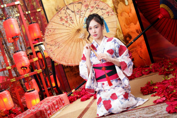 Картинка девушки -+азиатки азиатка зонтик лепестки кимоно фонарики