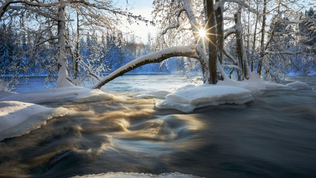 Обои картинки фото kuusaankoski river, finland, природа, зима, kuusaankoski, river