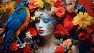 Картинка 3д+графика портрет+ portraits девушка цветы птица голубь макияж роспись грим ии-арт