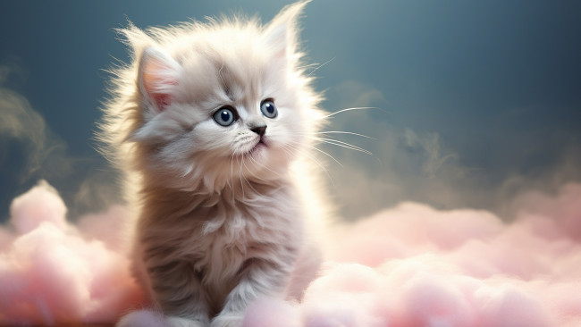 Обои картинки фото 3д графика, животные , animals, кошка, взгляд, облака, туман, котенок, серый, пар, милый