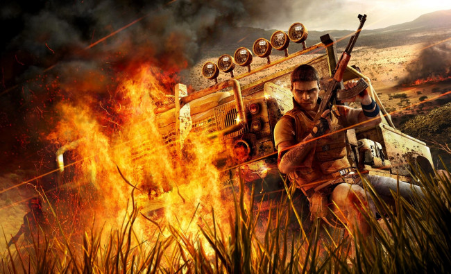 Обои картинки фото видео игры, far cry 2, мужчина, оружие, машина, огонь