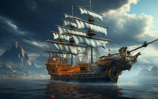 Обои картинки фото корабли, 3d, море, небо, вода, облака, корабль, парусник, паруса, водоем