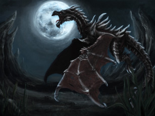 Картинка фэнтези драконы луна рев крылья