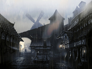 Картинка видео игры the elder scrolls skyrim человек мельница брусчатка фонари дождь колодец город