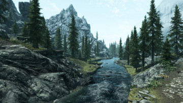 Картинка видео игры the elder scrolls skyrim пейзаж река горы деревья