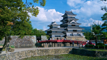 обоя замок, мацумото, Япония, города, замки, Японии, пагода, мост