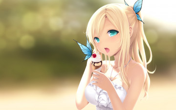 обоя аниме, boku, wa, tomodachi, ga, sukunai, девочка, мороженое, сладкое, рожок, бабочка