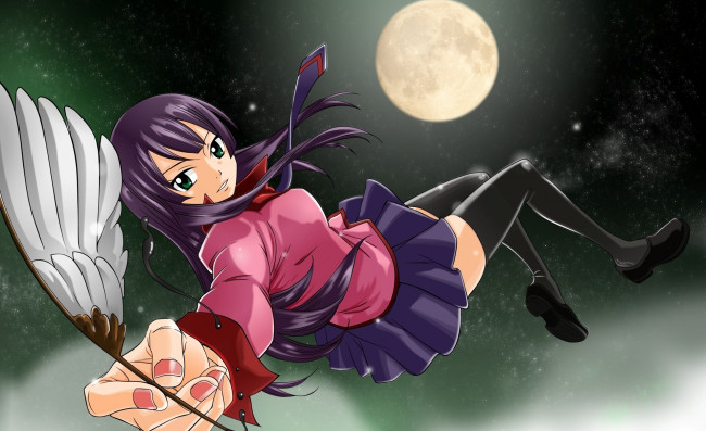 Обои картинки фото аниме, bakemonogatari, луна, перо, девушка, senjougahara hitagi, полнолуние, форма, ночь