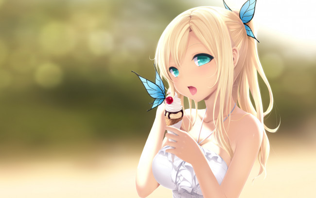Обои картинки фото аниме, boku, wa, tomodachi, ga, sukunai, девочка, мороженое, сладкое, рожок, бабочка