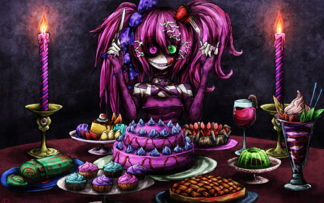 Обои картинки фото аниме, vocaloid, стол, торт, безумие, сладкое, пирожные, вино