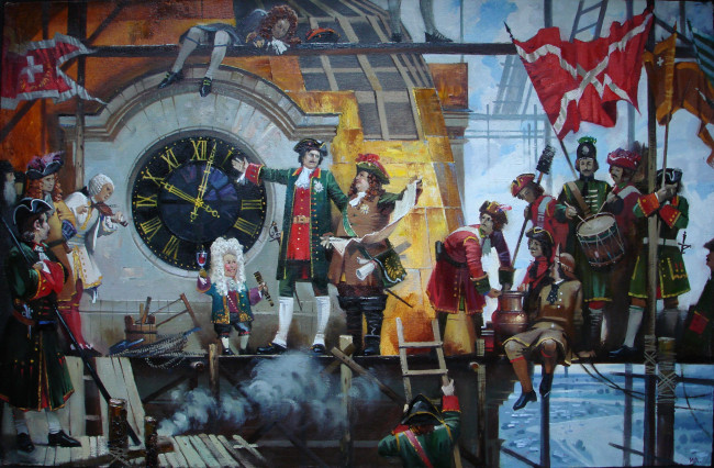 Обои картинки фото рисованные, живопись, пётр, i, часы, солдаты, карлик, барабан, знамя