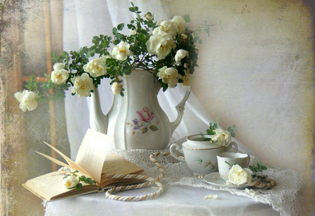 Обои картинки фото цветы, розы, книга, кувшин