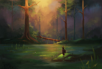 Картинка рисованное природа птица тина лотосы посох человек лес болото
