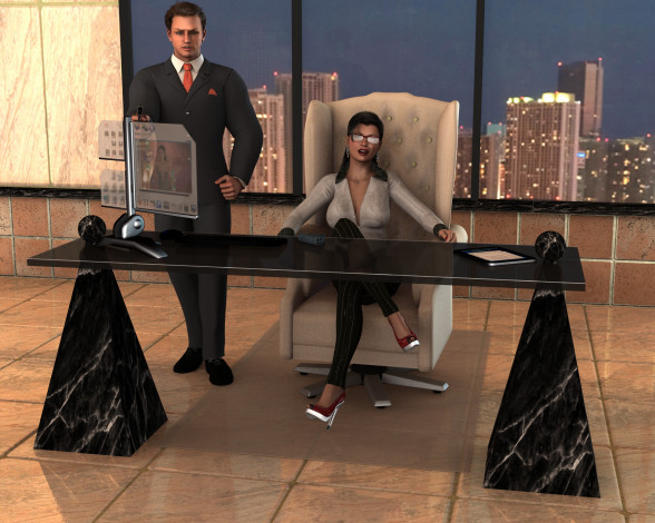 Обои картинки фото 3д графика, люди , people, девушка, фон, стол, мужчина, офис, взгляд