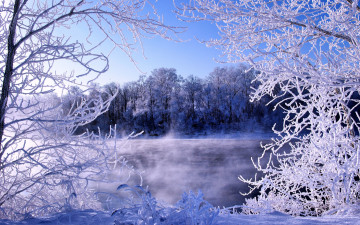 Картинка природа реки озера снег деревья река пар зима