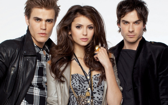 Обои картинки фото кино фильмы, the vampire diaries, paul, wesley, stefan, ian, somerhalder, damon, nina, dobrev