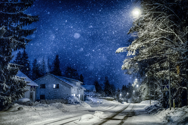Обои картинки фото природа, дороги, снег, деревья, дорога, ночь