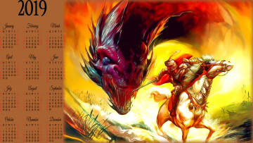 обоя календари, фэнтези, лошадь, воин, конь, дракон