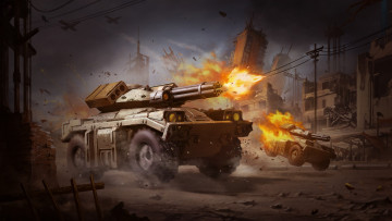 обоя видео игры, battalion wars, машина, танк, фон, огонь, ствол