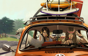 Картинка рисованное люди девушки фон взгляд автомомбиль собака