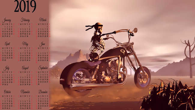 Обои картинки фото календари, 3д-графика, мотоцикл, скелет, байкер
