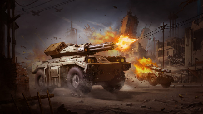 Обои картинки фото видео игры, battalion wars, машина, танк, фон, огонь, ствол