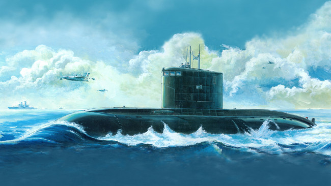 Обои картинки фото рисованное, армия, подводная, лодка, море, самолеты, облака