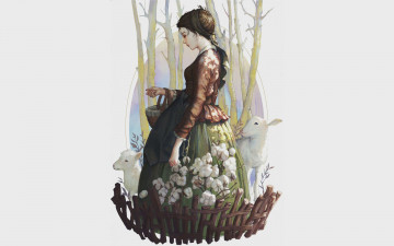 Картинка рисованное люди девушка корзина овцы хлопок